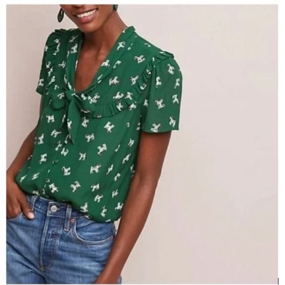 Anthropologie Tops - Anthropologie Maeve Adagio Green Dog Print Tie Neck Ruffle Blouse L